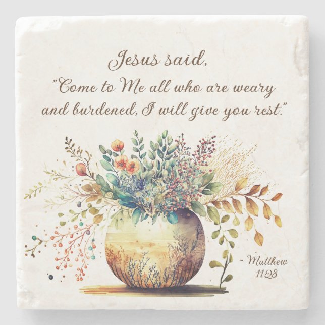 Matthew 11:28 Jesus said, Come to Me Bible Verse Stone Coaster (Front)
