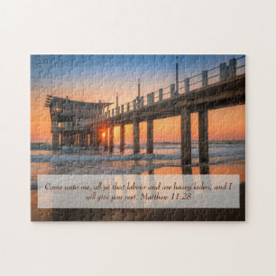 Matthew 11:28 Ocean Sunset Pier  Jigsaw Puzzle