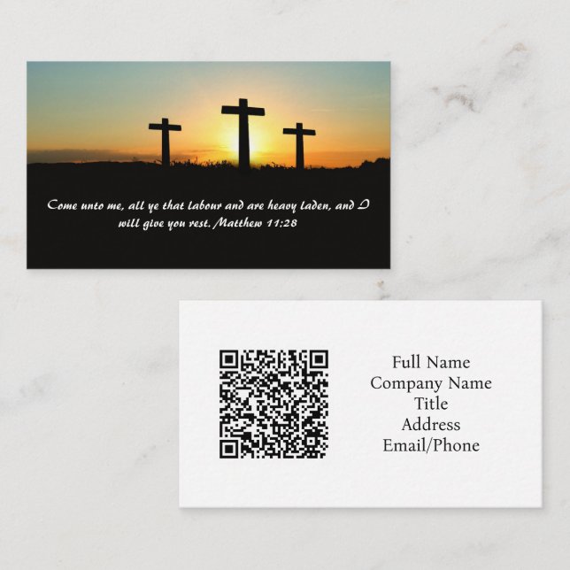 Matthew 11:28 Three Cross Sunset QR code Business Card (Front/Back)