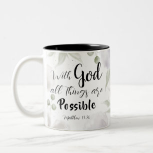 Matthew 19:26 Modern Black White Watercolor Floral Two-Tone Coffee Mug