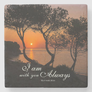 Matthew 28:20 I Am with You Always Golden Sunset Stone Coaster