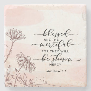 Matthew 5:7 Blessed are the Merciful Bible Verse Stone Coaster