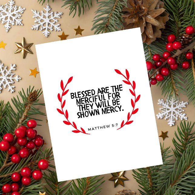 Matthew 5:7 Scripture Christmas Greeting Card (Christmas greeting card with red  wreath and Matthew 5:7 Bible verse on white festive background.)