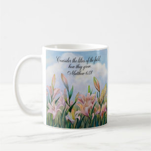 Matthew 6:28 Watercolor Lilies Coffee Mug