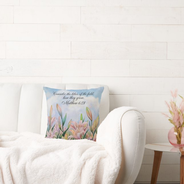 Matthew 6:28 Watercolor Lilies Cushion (Couch)