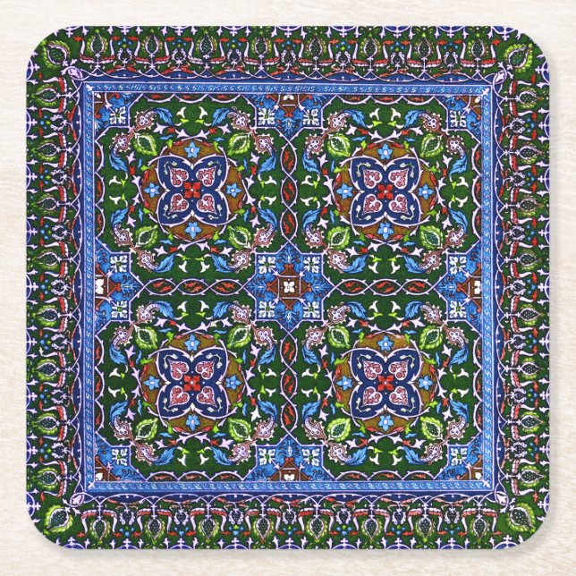 Matthew Digby Wyatt Textile Design in Green Blue Square Paper Coaster (Front)