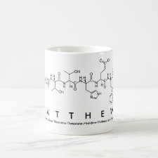 Mug featuring the name Matthew spelled out in the single letter amino acid code