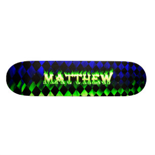 Matthew skateboard green fire and flames design.