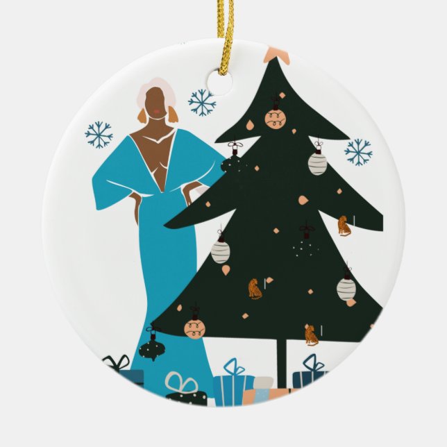 Mature Black Woman Christmas  Ceramic Tree Decoration (Front)