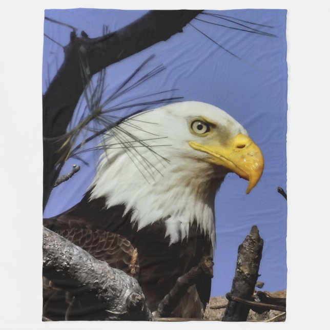 Mature Male Bald Eagle Close Up Head Shot Fleece Blanket (Front)