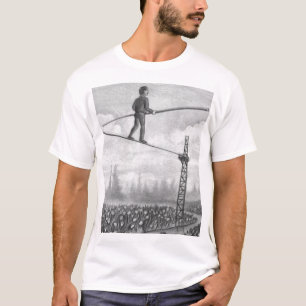 Mature Man Walking a Tightrope Above Flowers Black T-Shirt