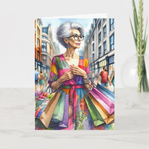 Mature Woman With Shopping Bags Birthday Card