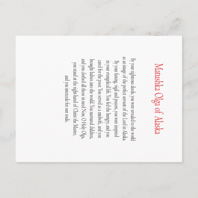 Matushka Olga of Alaska Prayer Card (Back)
