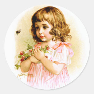 Maud Humphrey: Summer Girl with Flowers and Bee Classic Round Sticker