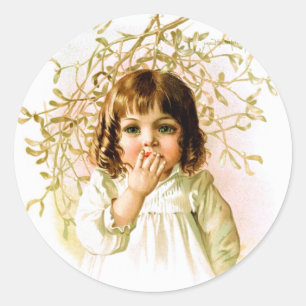 Maud Humphrey: Winter Girl under Mistletoe Classic Round Sticker