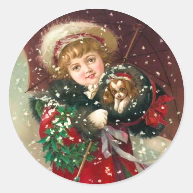 Maud Humphrey's Winter Girl with dog Classic Round Sticker (Front)