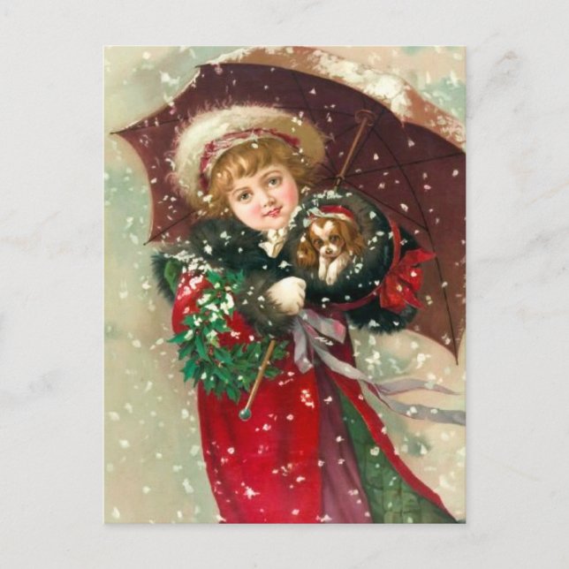 Maud Humphrey's Winter Girl with dog Holiday Postcard (Front)