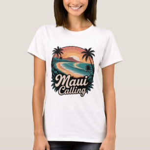 Maui Calling – Retro Hawaiian Sunset Beach T-Shirt