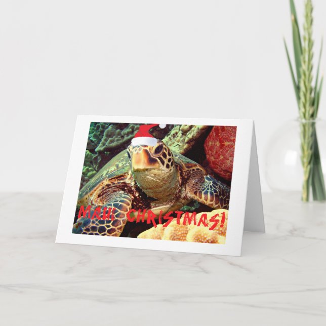 "MAUI CHRISTMAS"  SEA TURTLE WITH CHRISTMAS HAT HOLIDAY CARD (Front)