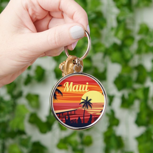 Maui Hawaii sunset beach vintage orange Keychain (Hand)