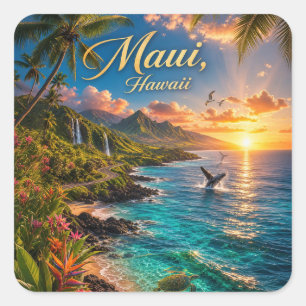 Maui Hawaii Tropical Coastline Travel Poster Square Sticker