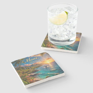 Maui Hawaii Tropical Coastline Travel Poster Stone Coaster