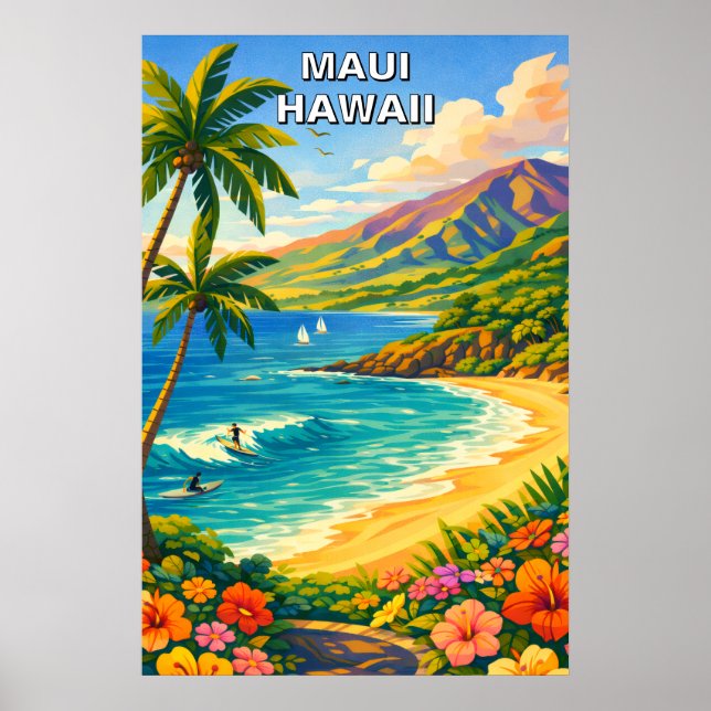 Maui Hawaii Tropical Coastline Vintage Travel Art Poster (Front)