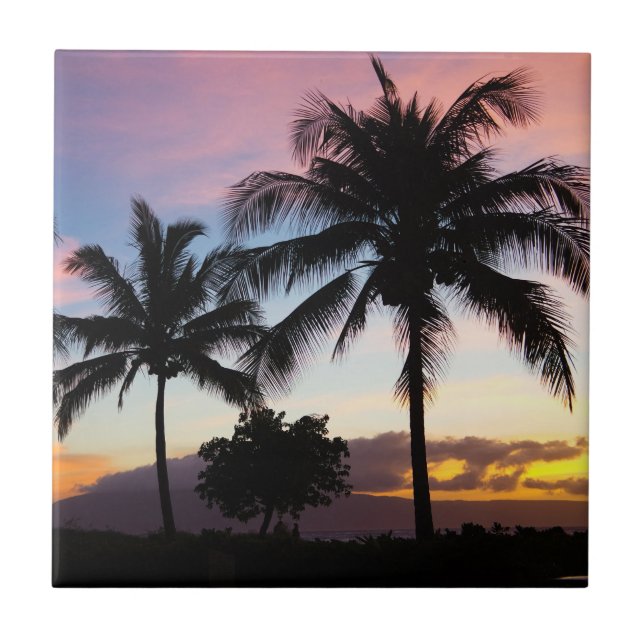 Maui Hawaiian Sunset Palm Trees Tile (Front)