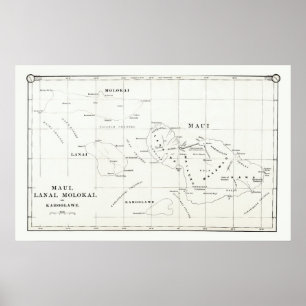 Maui, Lanai, Molokai, Kahoolawe Vintage Map 1890 Poster