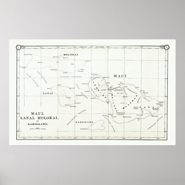 Maui, Lanai, Molokai, Kahoolawe Vintage Map 1890 Poster (Front)