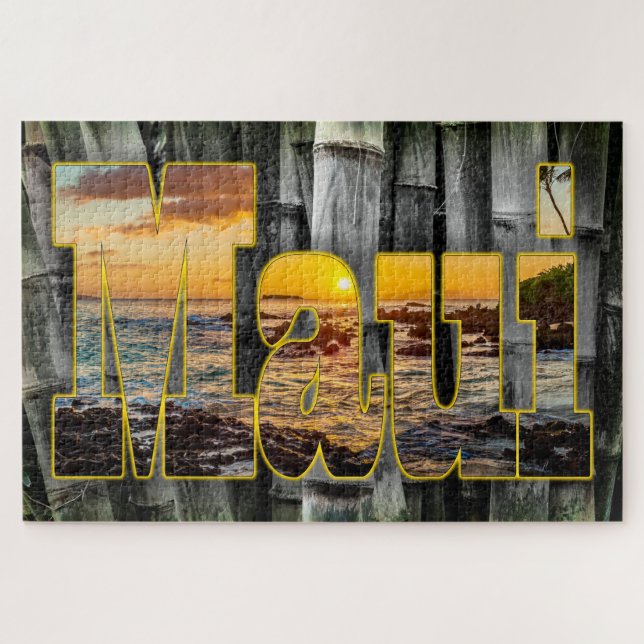 Maui Sunset Graphics on Bamboo Background Jigsaw Puzzle (Horizontal)