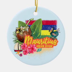 Mauritius Retro Indian Ocean Dodo and Flag Vintage Ceramic Tree Decoration
