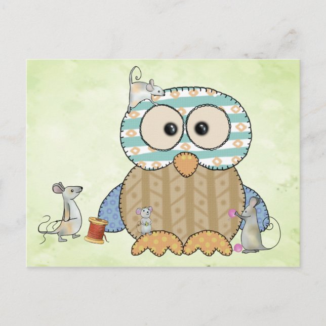 Mäuse nähen Eule Postcard (Front)