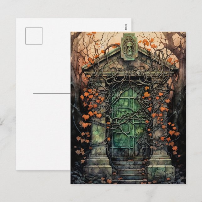 Mausoleum Door Halloween Postcard (Front/Back)