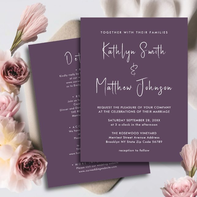 Mauve All In One Modern Script Minimalist Wedding Invitation (Creator Uploaded)