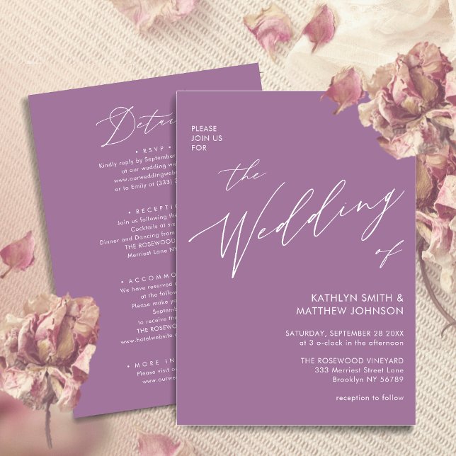 Mauve All In One Modern Script Minimalist Wedding Invitation (Creator Uploaded)