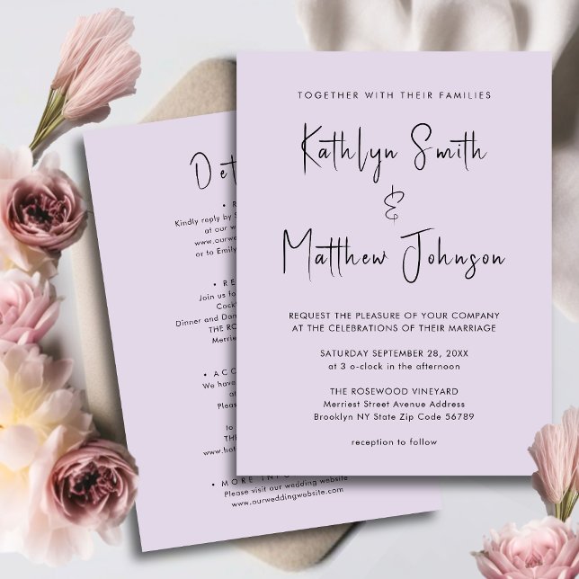 Mauve All In One Modern Script Minimalist Wedding Invitation (Creator Uploaded)