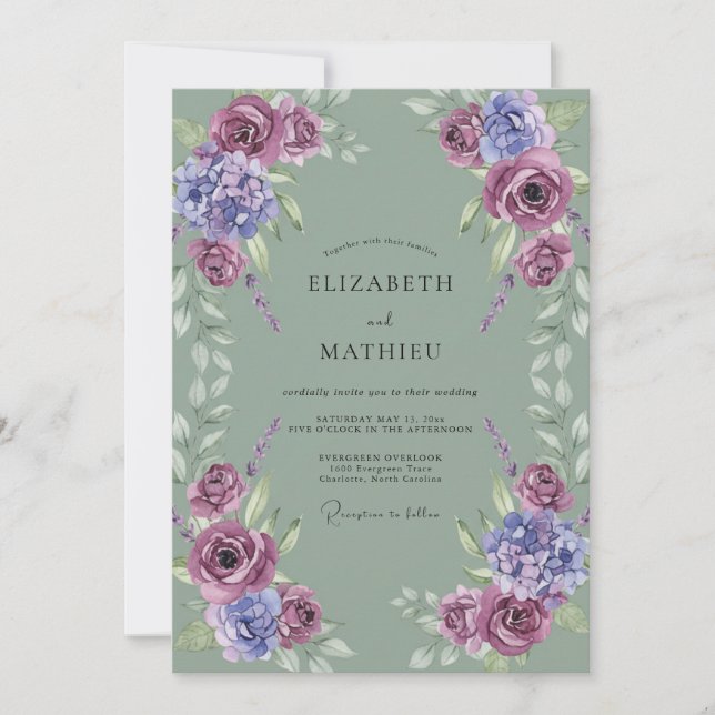 Mauve Amethyst Celadon Leaf Wedding Invitation (Front)
