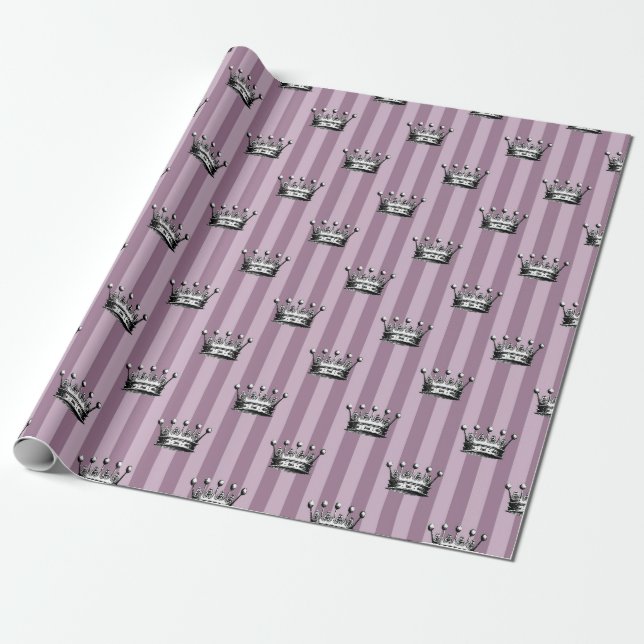 Mauve and Black Vintage Crown Pattern Wrapping Paper (Unrolled)