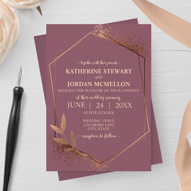 Mauve and Bronze Fall Leaf Geometric Wedding Invitation (Creator Uploaded)