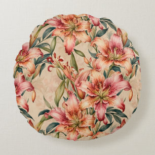 Mauve and Copper Lilies on Tan Round Cushion