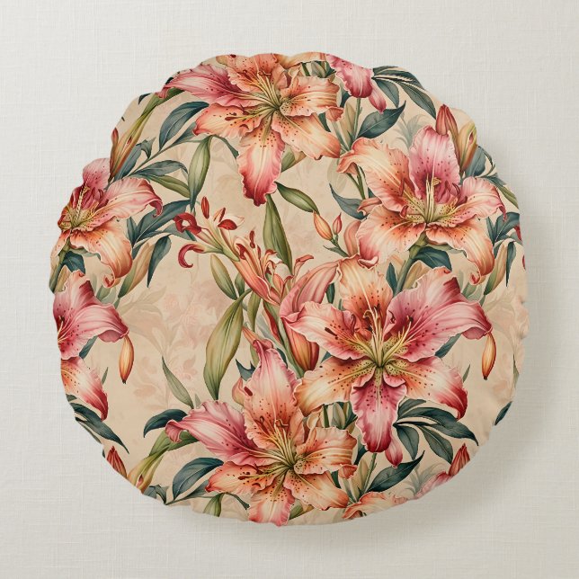 Mauve and Copper Lilies on Tan Round Cushion (Front)
