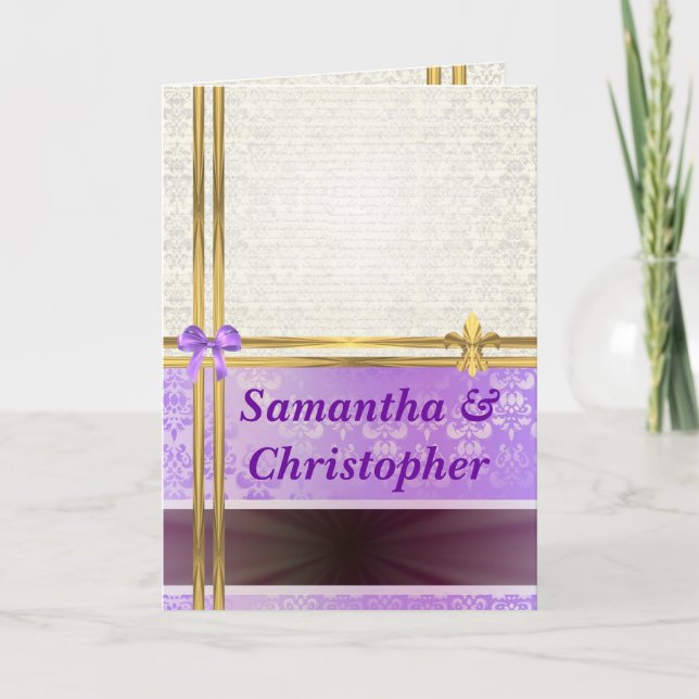 Mauve and cream damask wedding invitation (Front)