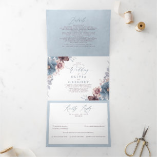 Mauve and Dusty Blue Floral Botanical Wedding Tri-Fold Invitation