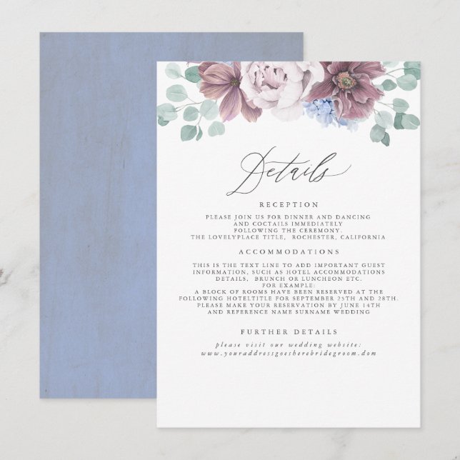 Mauve and Dusty Blue Floral Wedding Information Enclosure Card (Front/Back)