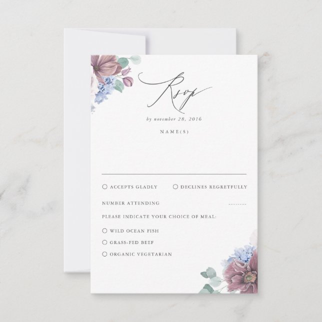 Mauve and Dusty Blue Floral Wedding RSVP Card (Front)