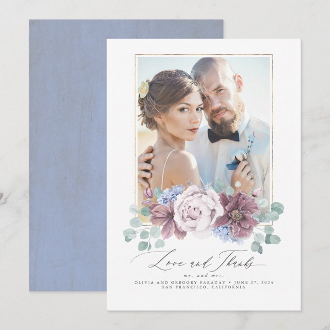 Mauve and Dusty Blue Floral Wedding Thank You Card (Front/Back)