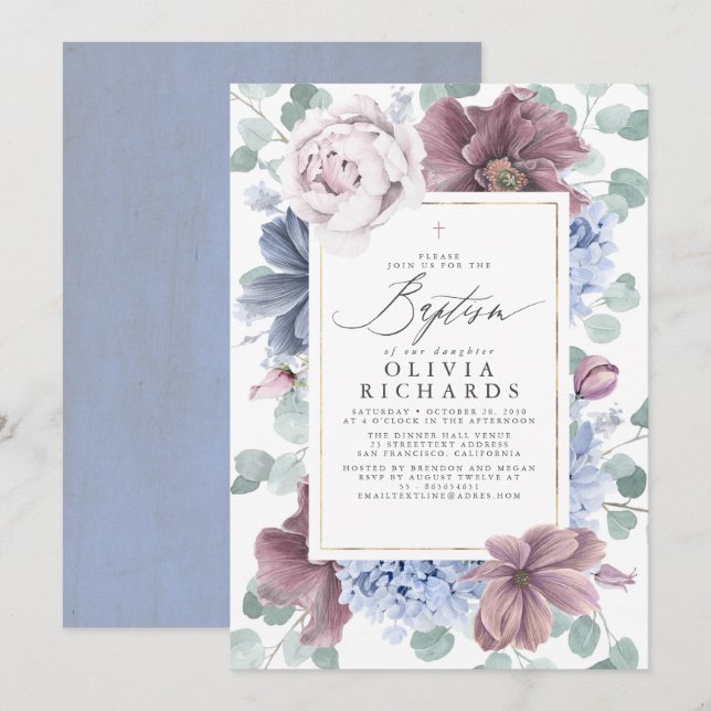 Mauve and Dusty Blue Flowers Elegant Baptism Invitation (Front/Back)