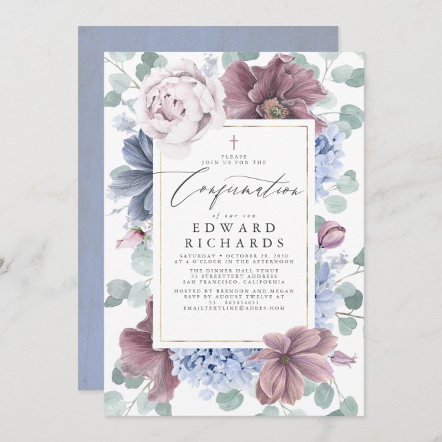 Mauve and Dusty Blue Flowers Elegant Confirmation Invitation (Front/Back)