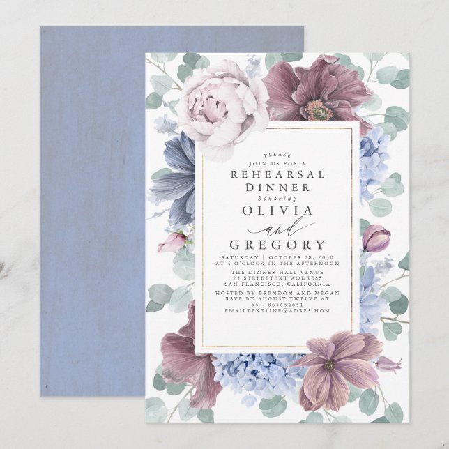 Mauve and Dusty Blue Flowers Rehearsal Dinner Invitation (Front/Back)